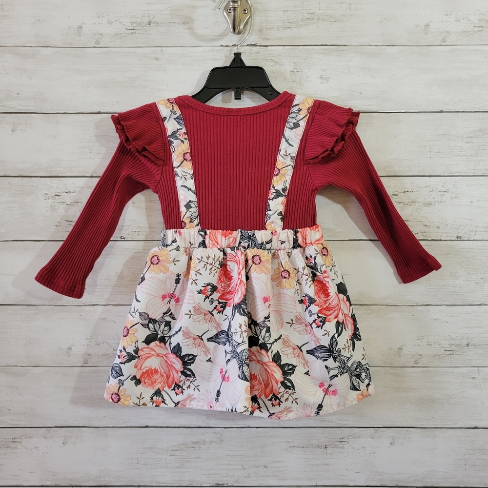 Red Floral Suspender One Piece Long Sleeve Dress for Kids Size 12-18 M - Picture 8 of 9